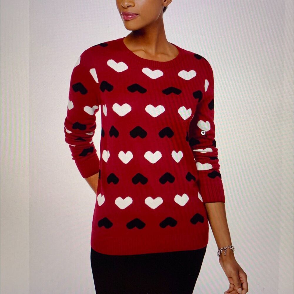 Charter Club Sweater Womens XL Red Heart Pattern Festive Crew Classic Playful